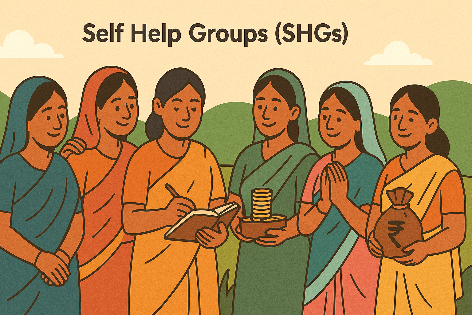 Self Help Group meeting with women reviewing savings and credit records